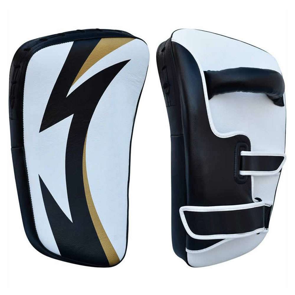 White, Black and Gold Graphic Curved Kick Shield with Adjustable Straps and Top Handle